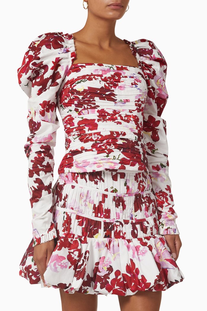 

Marlene Roses Ruched Top in Cotton, Red