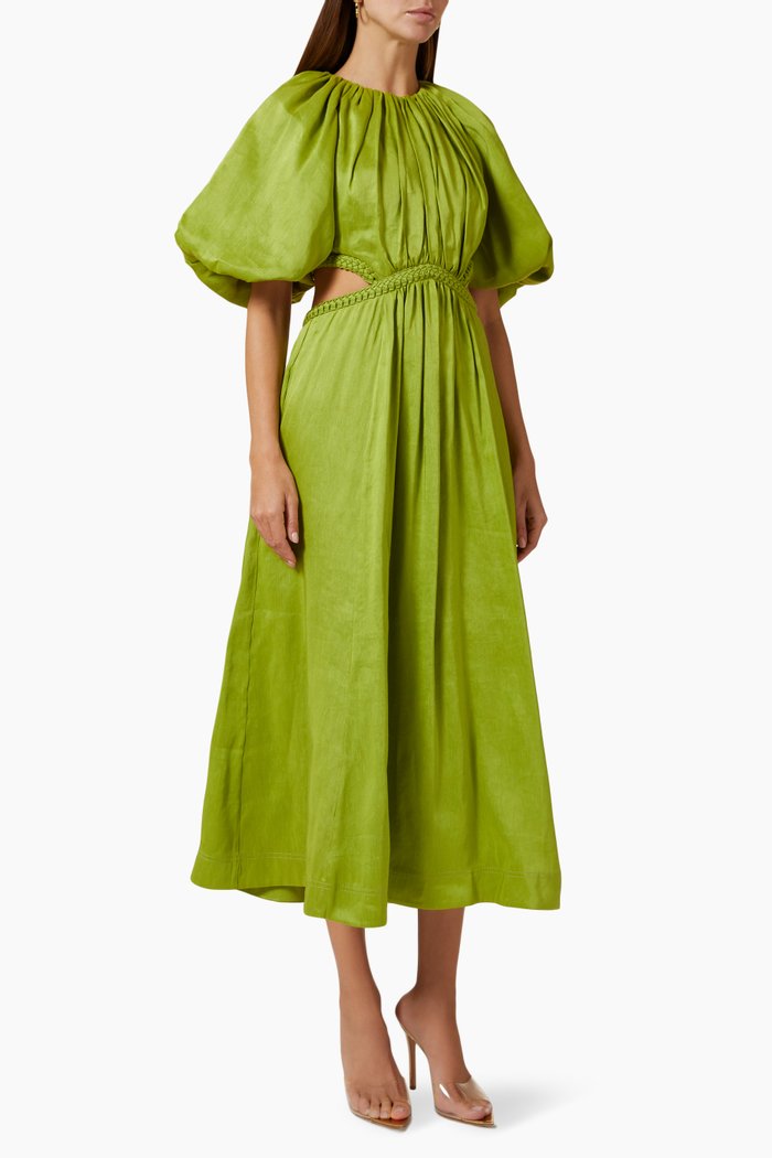 

Capucine Puff Sleeve Midi Dress in Linen, Green