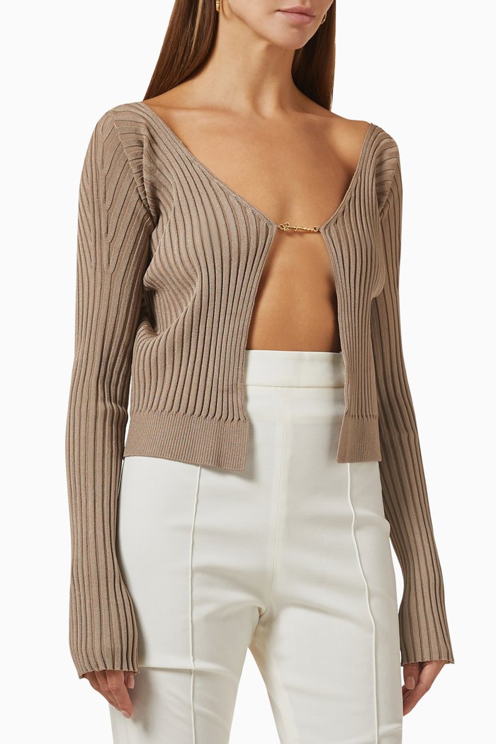 

La Maille Pralù Longue Cardigan in Rib-knit, Neutral