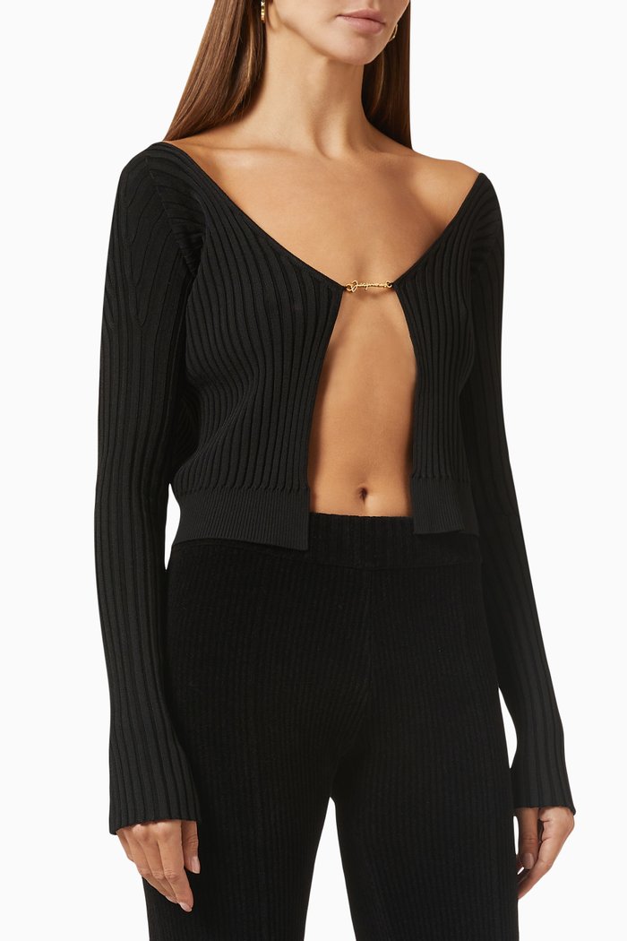 

La Maille Pralù Longue Cardigan in Rib-knit, Black
