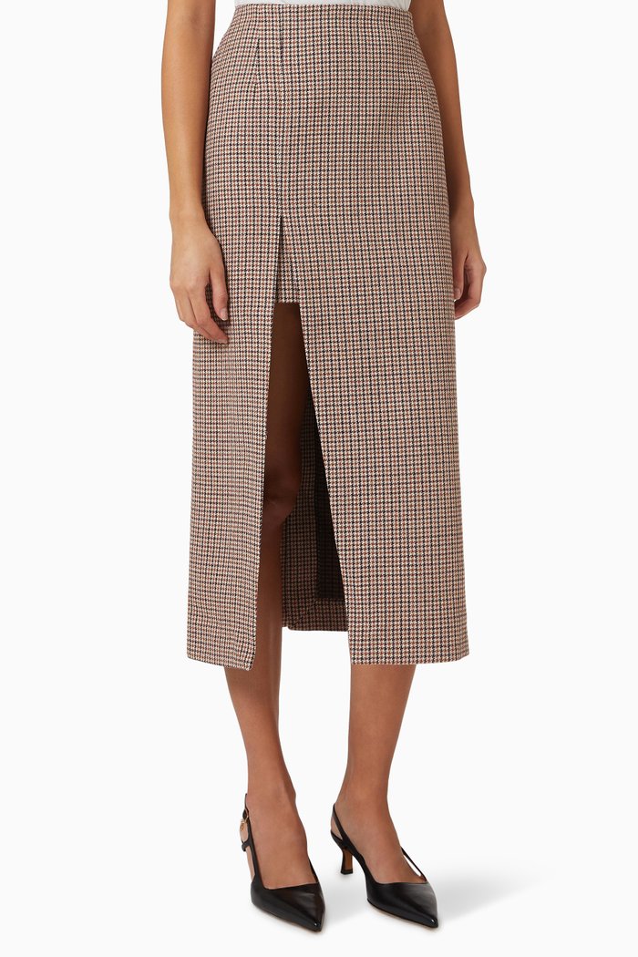 

Houndstooth Tweed Midi Skirt, Brown