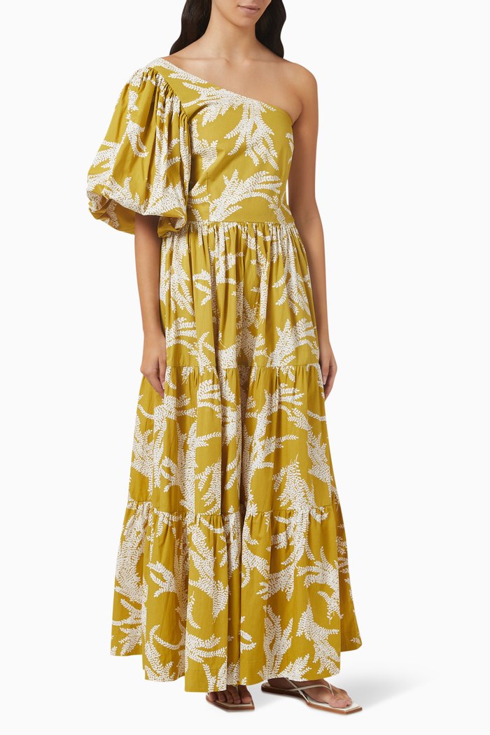 Exaggerated One-shoulder Maxi Dress in Cotton, Yellow