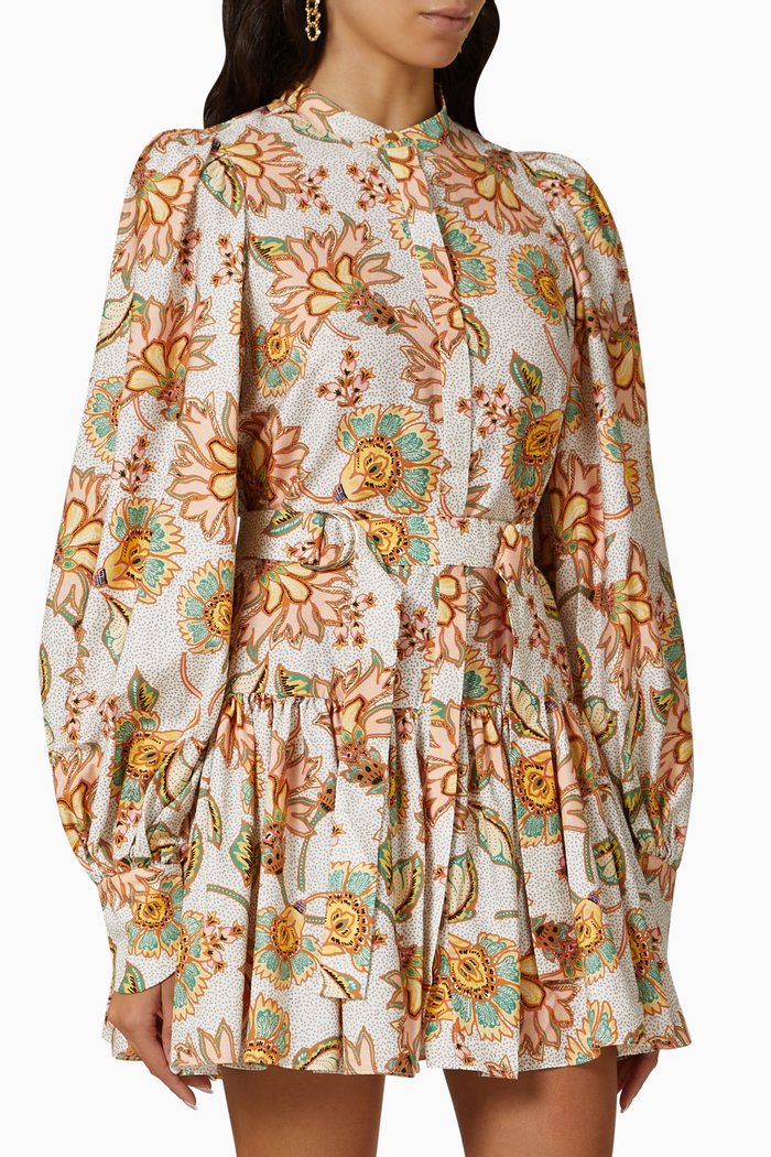 

Clifford Floral-print Mini Dress in Linen-blend, Neutral
