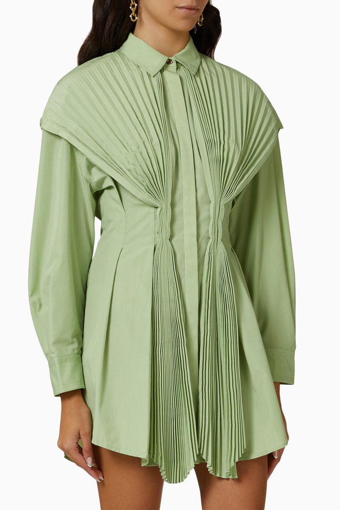 

Orbel Pleated Mini Dress in Cotton, Green
