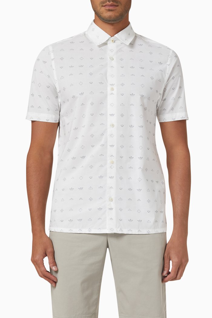 

Whit Short Sleeve Boat Print Shirt in Cotton, White