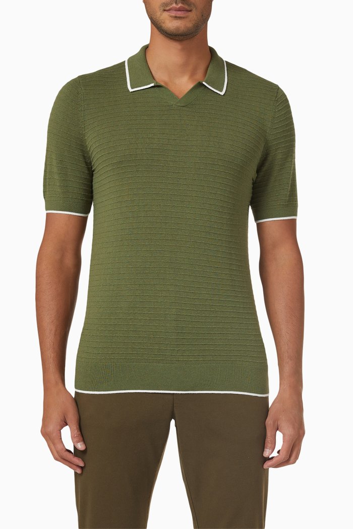 

Durdle Textured Stripe Polo Shirt in Cotton Knit, Green