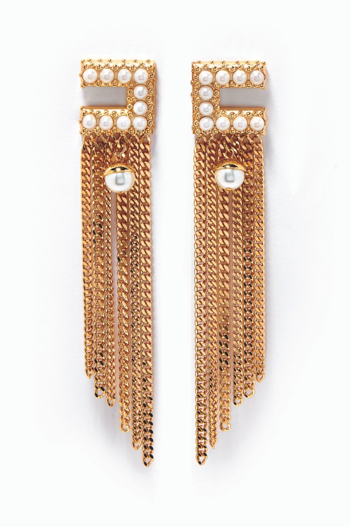 Pearls & Chain Pendant Earrings, Gold