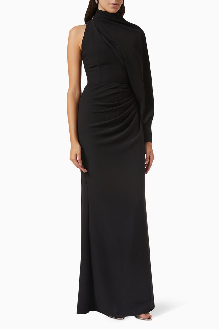 

One-Shoulder Draped Gown in Crepe, Black