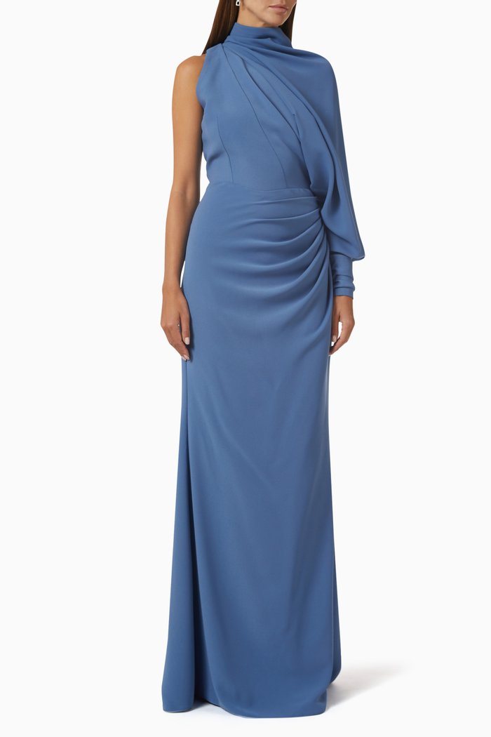 

One-Shoulder Draped Gown in Crepe, Blue