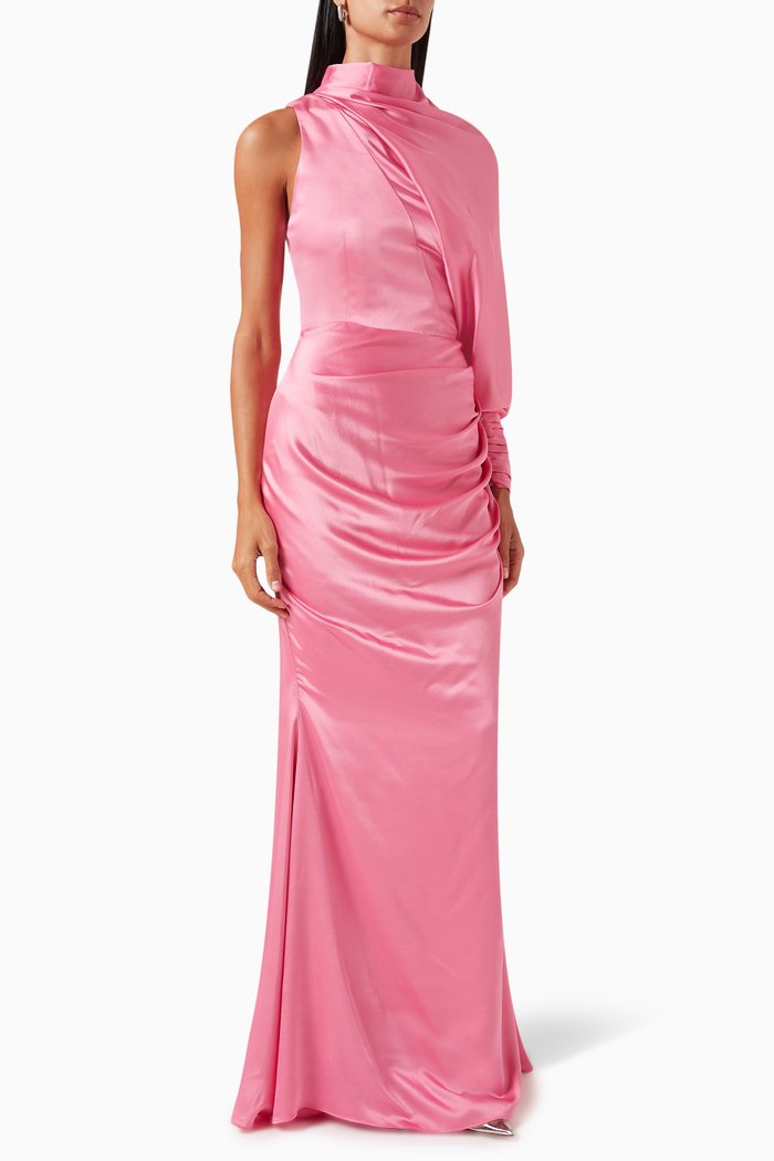 

One-Shoulder Draped Gown in Crepe, Pink