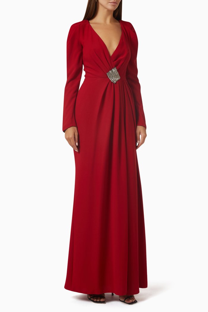 

Embellished Draped Gown in Crepe, Red