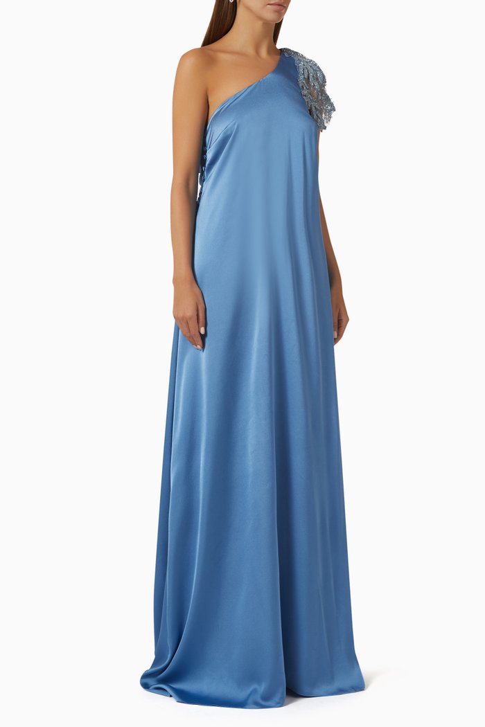 

Embroidered One-shoulder Gown in Satin, Blue