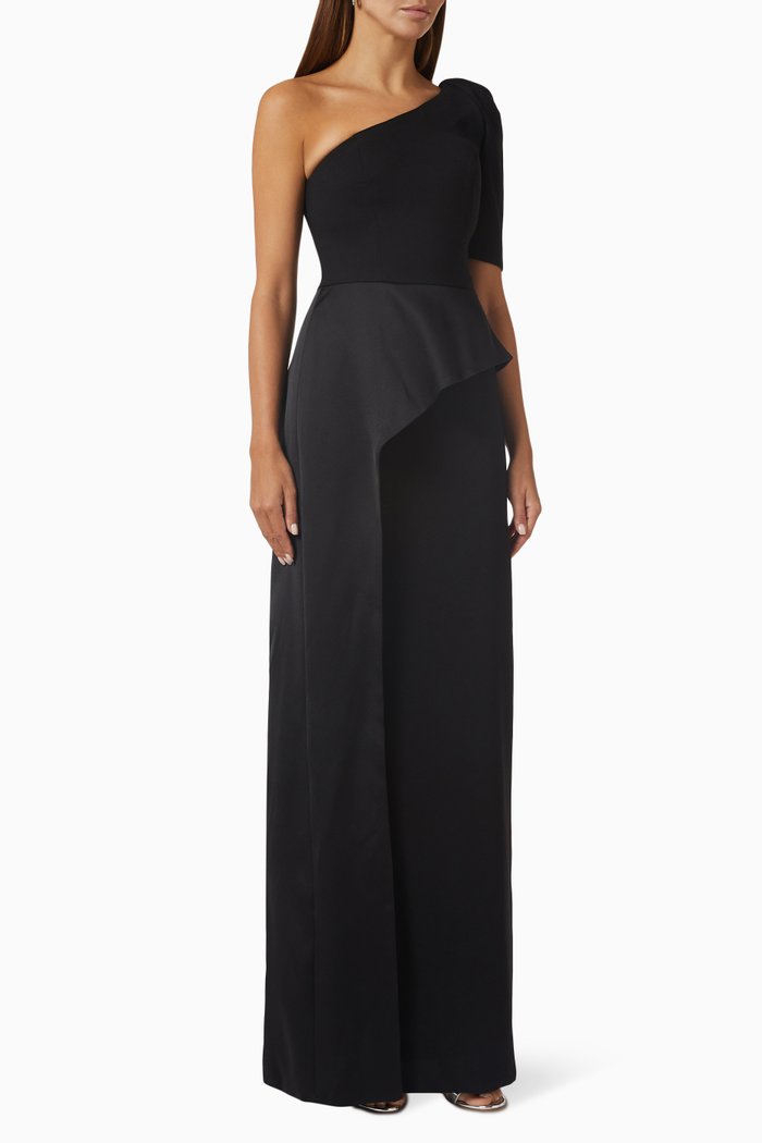 

One-Shoulder Gown in Satin, Black