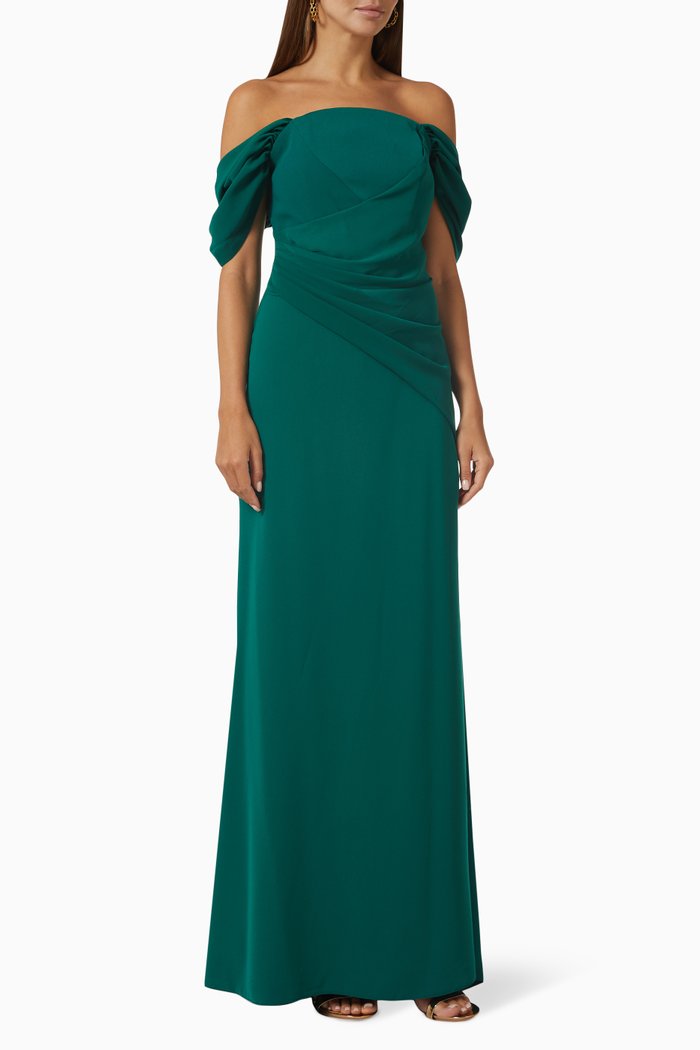 

Off-shoulder Ruched Gown in Crepe, Green