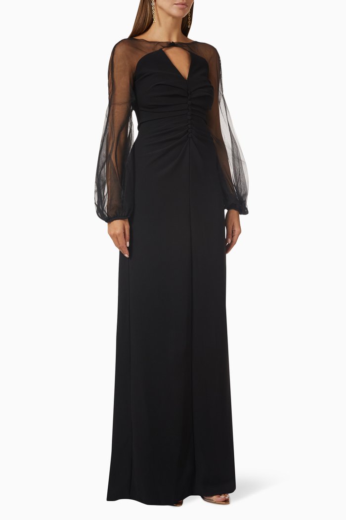 

Sheer Sleeve Gown in Crepe, Black