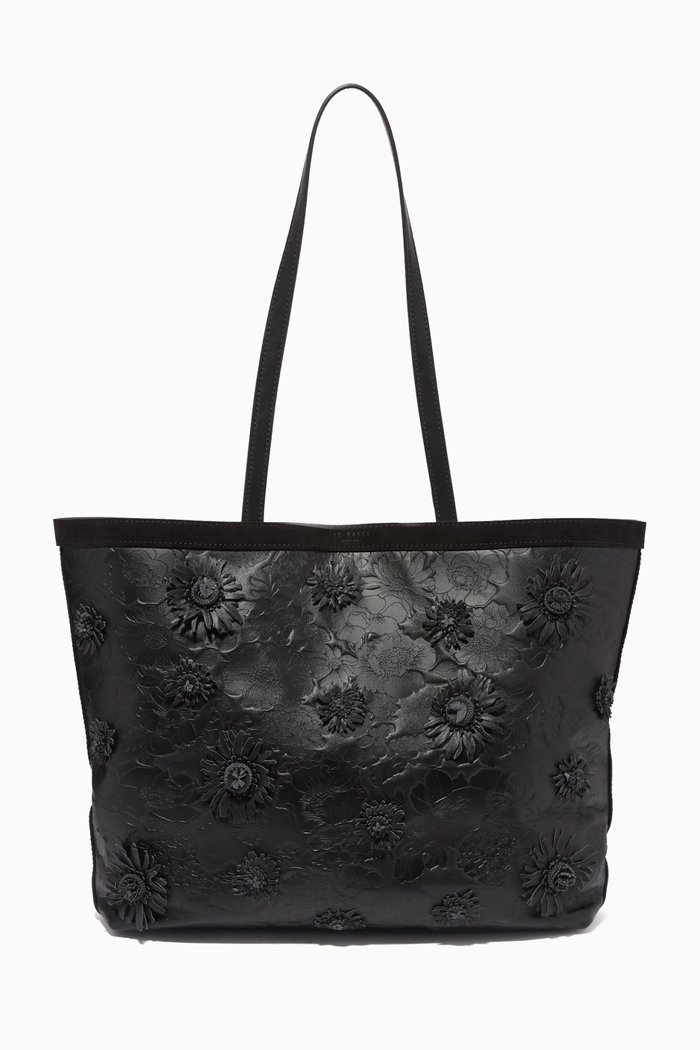 

Floral Laser Cut Tote Bag in Leather, Black