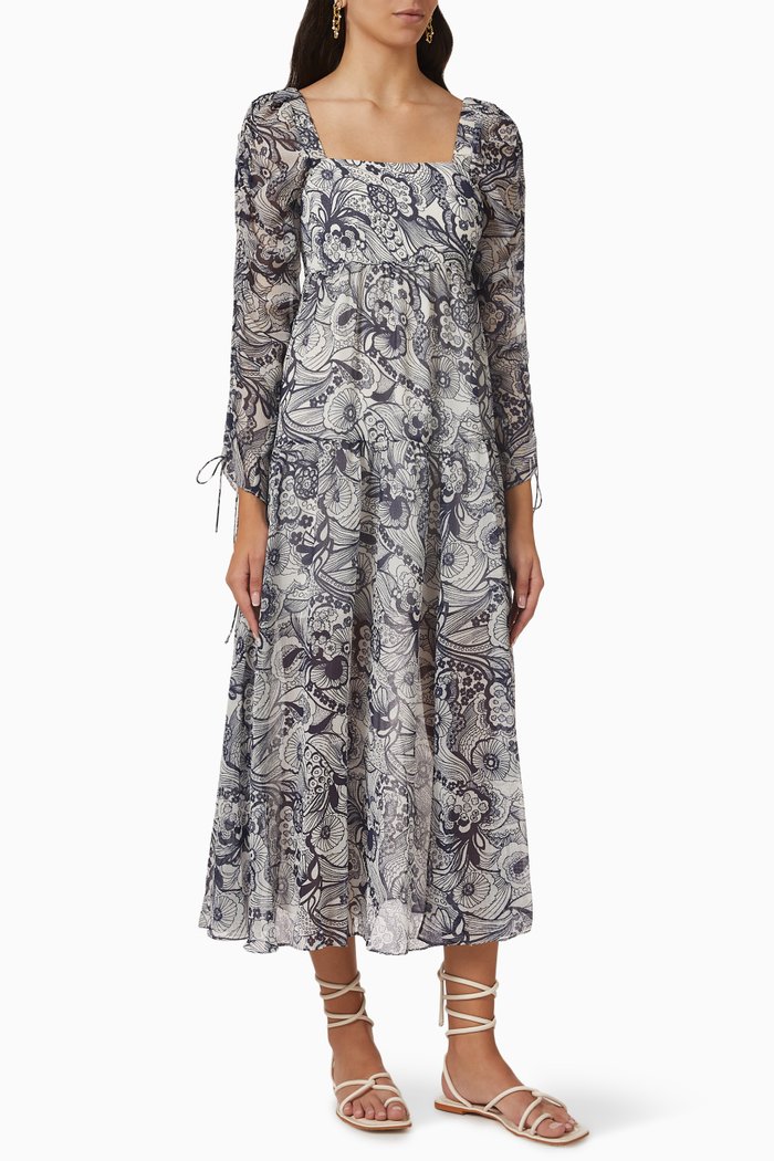 

Adlinah Floral-printed Ruched Midi Dress, Neutral