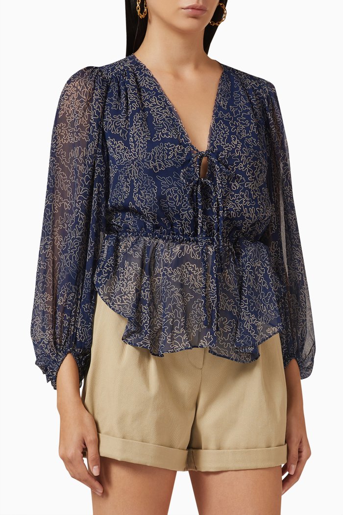 

Mildrid Tie Front Blouse in Chiffon, Blue