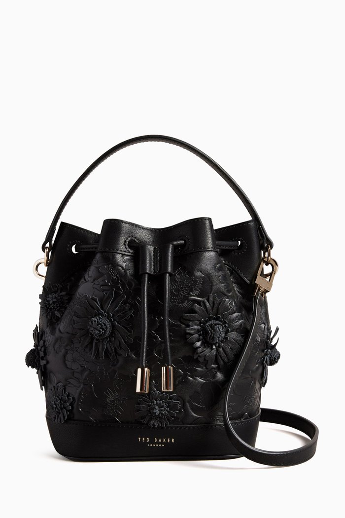 

Floriri Floral Laser Cut Bucket Bag in Leather, Black