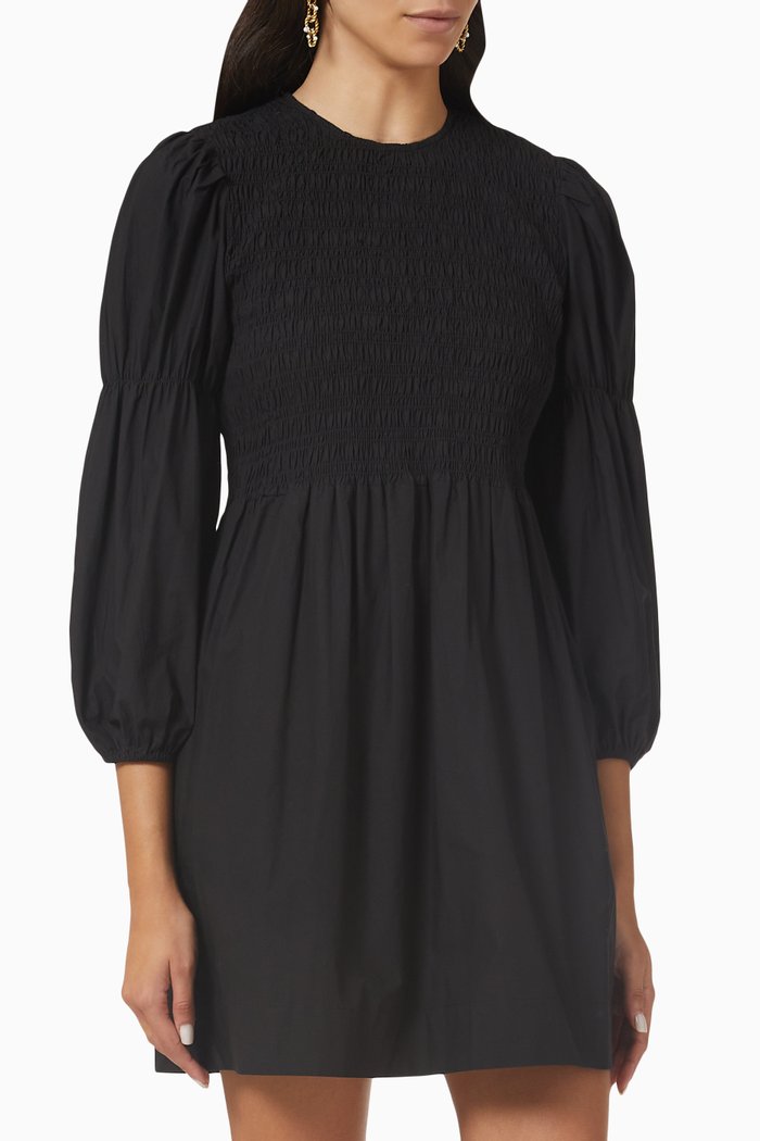 

Smocked Mini Dress in Cotton Poplin, Black