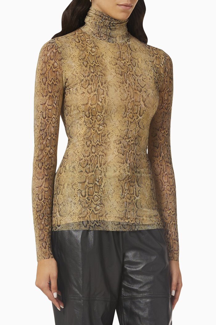 Snake-print Top in Mesh, Brown