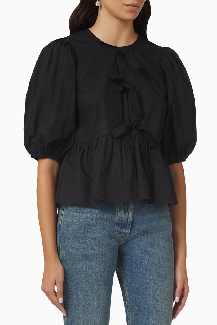 

Tie-up Peplum Top in Cotton Poplin, Black