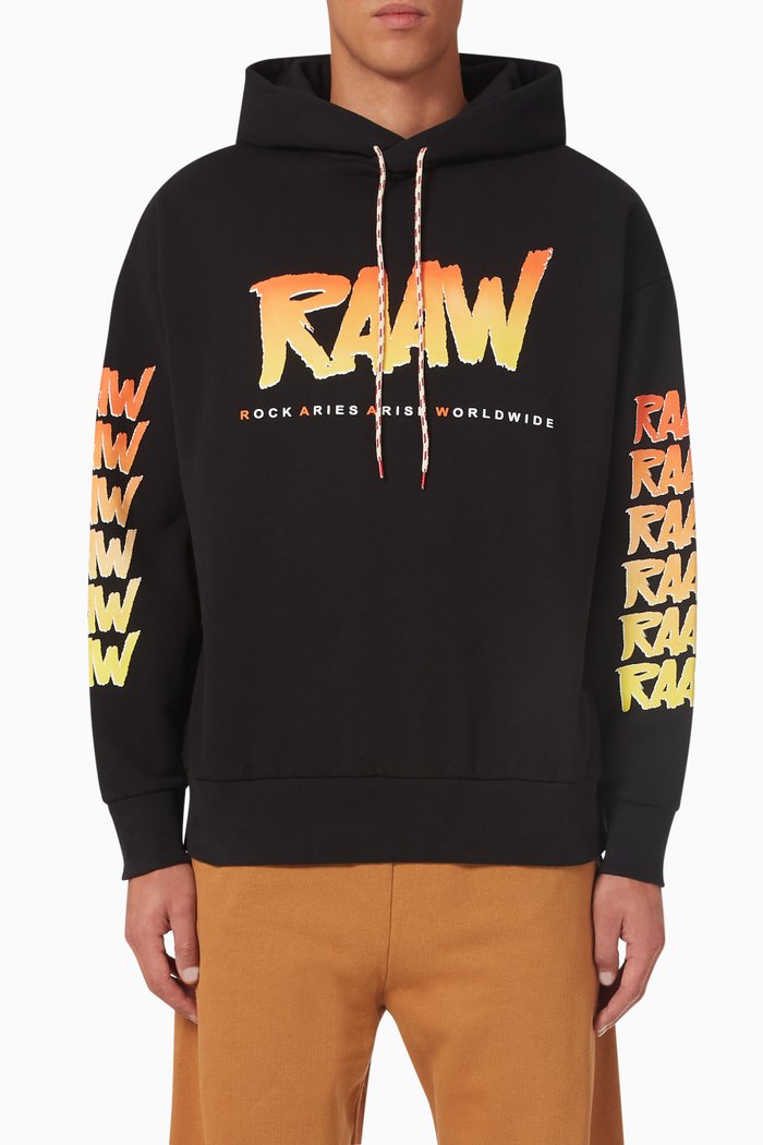 RAAW Graphic-print Hoodie in Cotton-fleece, Black
