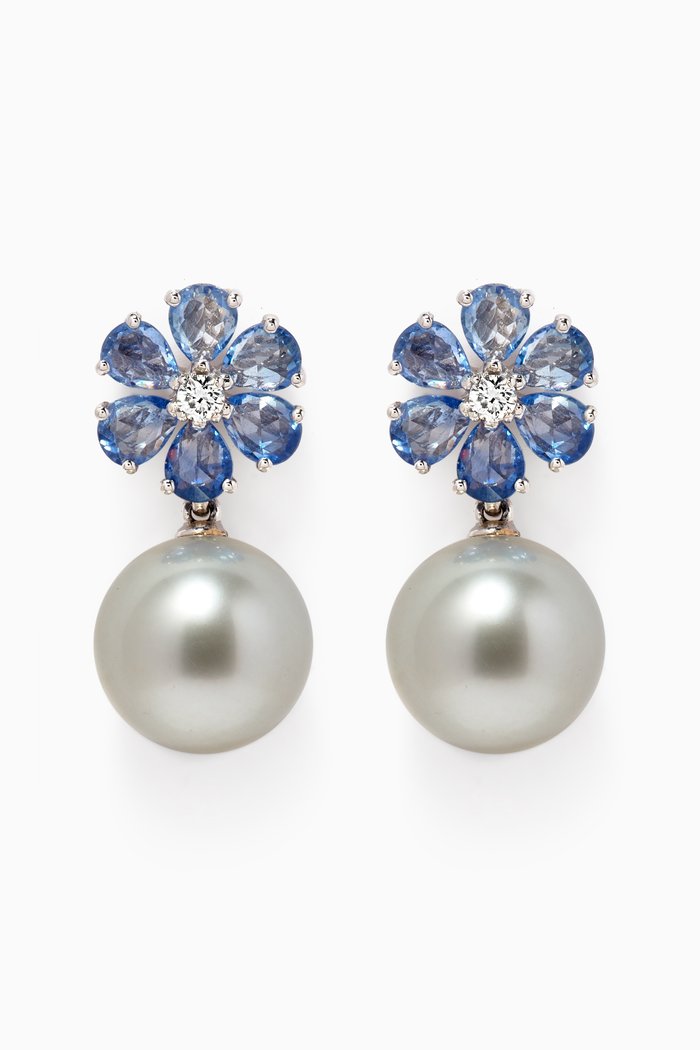 

Tresor Fleur Gemstone Pearl Diamond Earrings in 18kt White Gold, Silver