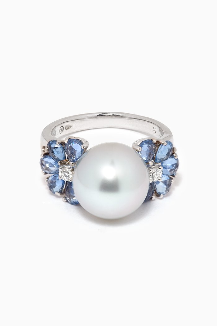 Tresor Fleur Gemstone Pearl Diamond Ring in 18kt White Gold, Silver