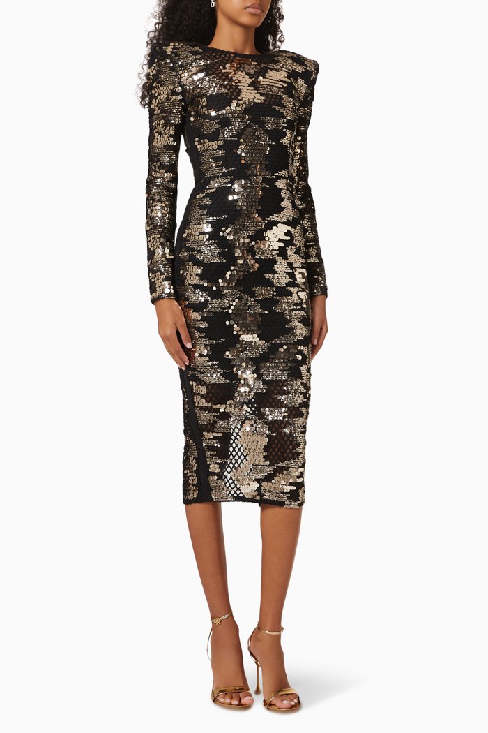 Leaving This Town Midi Dress in Sequin & Mesh, Gold
