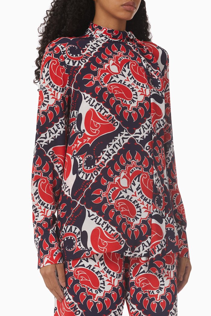 

Valentino Archive Manifesto Bandana Print Blouse in Crêpe de Chine, Blue