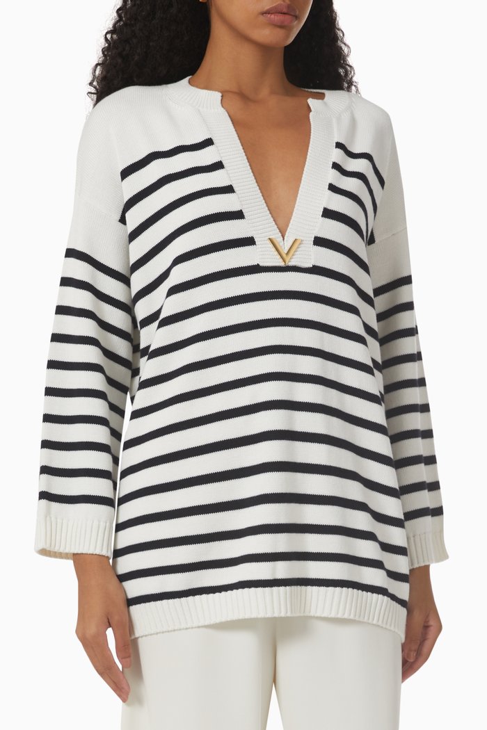 

Valentino Striped Sweater in Cotton & Cashmere, Blue