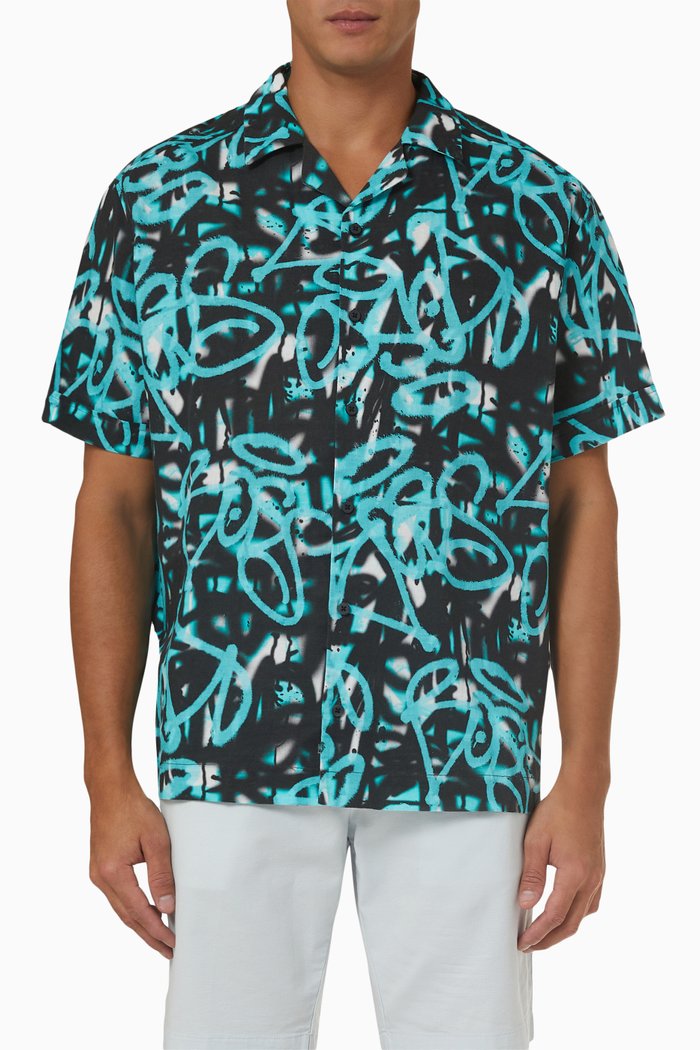 Graffiti Shirt in Linen & Cotton, Blue