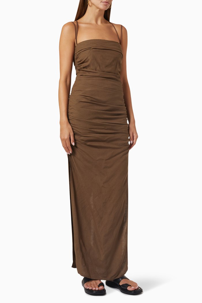 

Mecca Ruched Dress in Linen, Brown