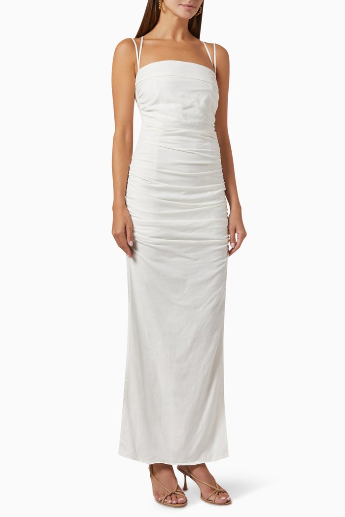 

Mecca Ruched Midi Dress in Linen, White