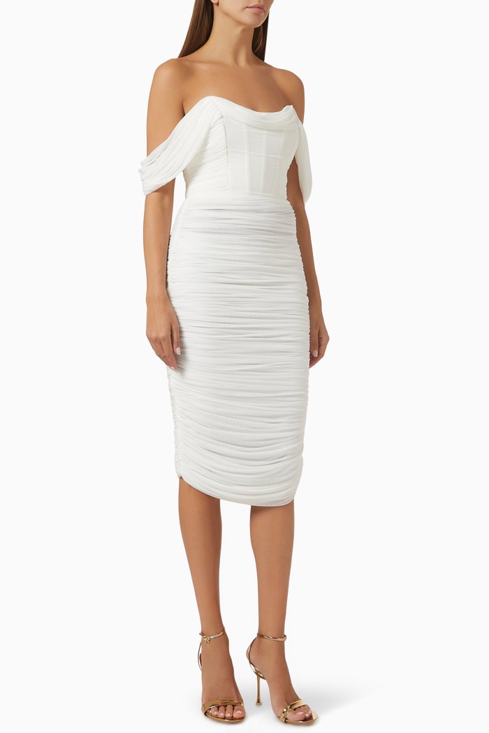 

Ruched Off-shoulder Midi Dress in mesh, White