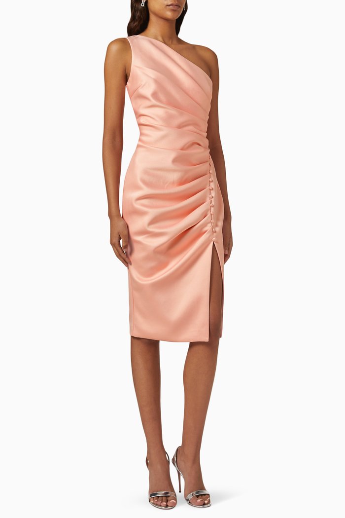 

Pleated One-shoulder Midi Dress in Bonded-satin, Pink