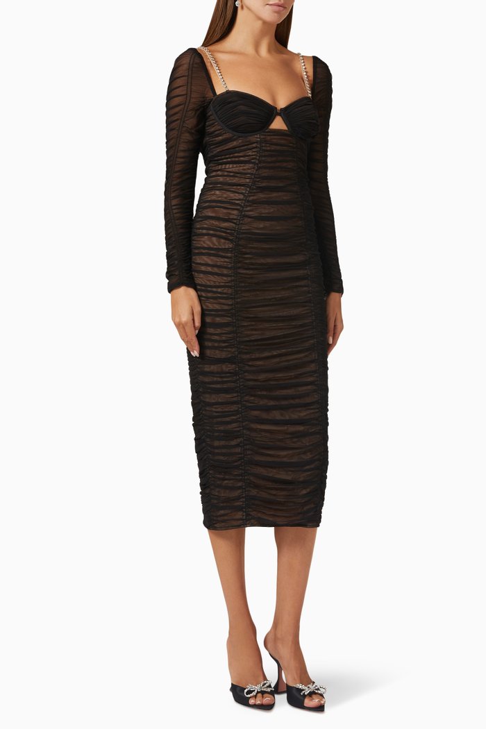 Diamante Strap Midi Dress in Mesh, Black