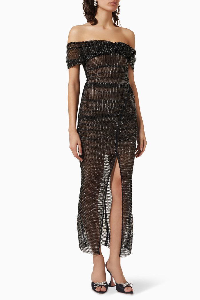 Off-shoulder Midi Dress in Diamante Fishnet, Black