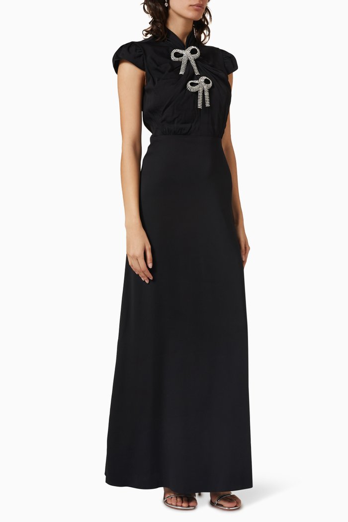 Bow Embellished Maxi Dress in Stretch Crepe, Black