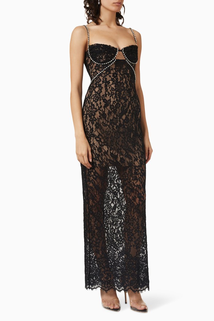 

Crystal-embellished Maxi Dress in Lace, Black