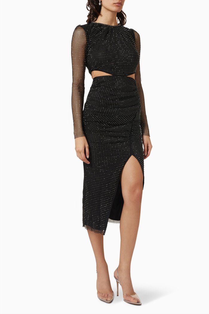 

Cut-out Midi Dress in Diamante Fishnet, Black