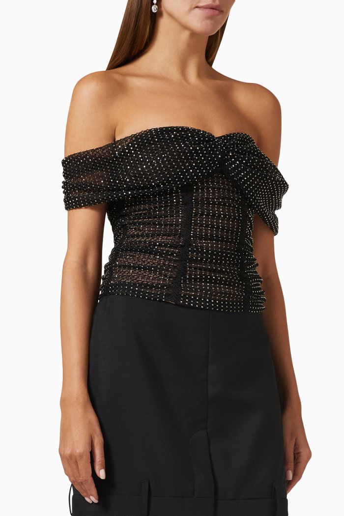 

Off-shoulder Top in Diamante Fishnet, Black