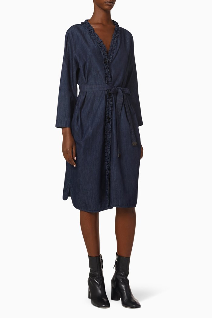 

Ruffled Midi Dress in Denim, Blue