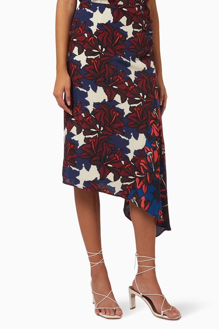 

Edgard Asymmetrical Skirt in Printed Silk Crepe de Chine, White