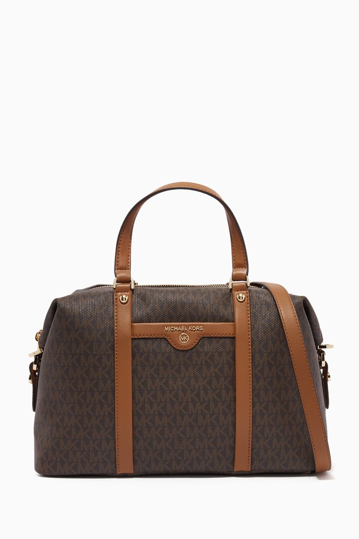 Beck Medium Satchel in Logo Canvas, Brown