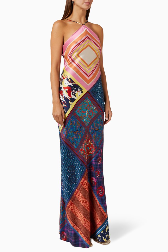 

Cubism Halterneck Maxi Dress in Satin, Multicolour