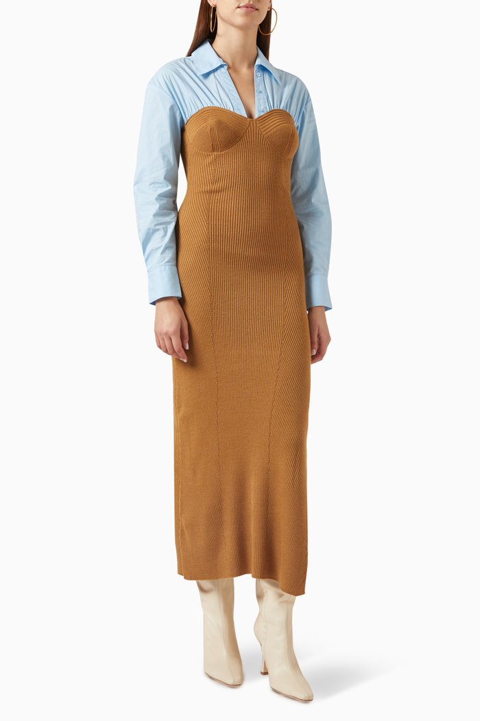 

Hazel Midi Dress in Poplin & Wool-blend, Brown
