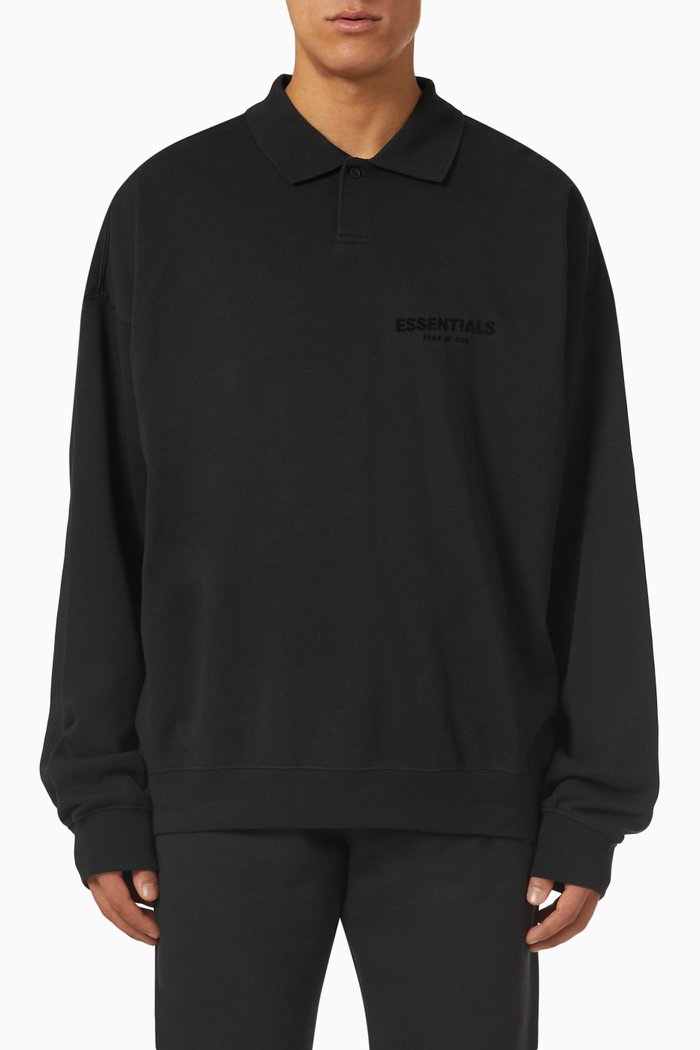 

Long-sleeve Logo Polo Shirt in French Terry, Black