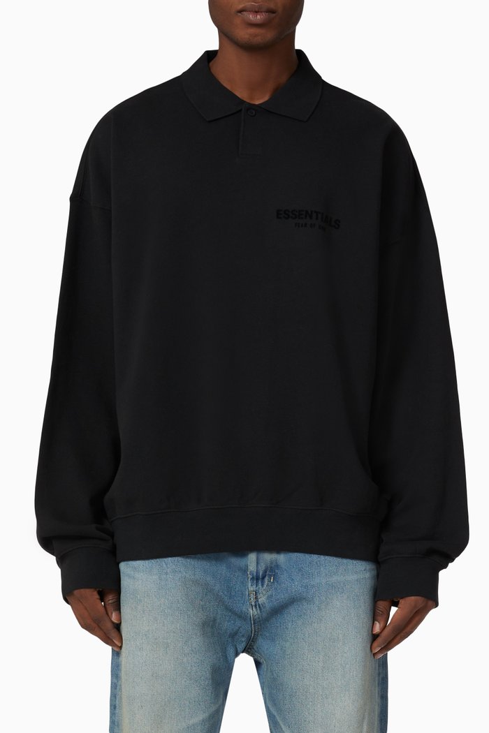 

Long-sleeve Logo Polo Shirt in French Terry, Black